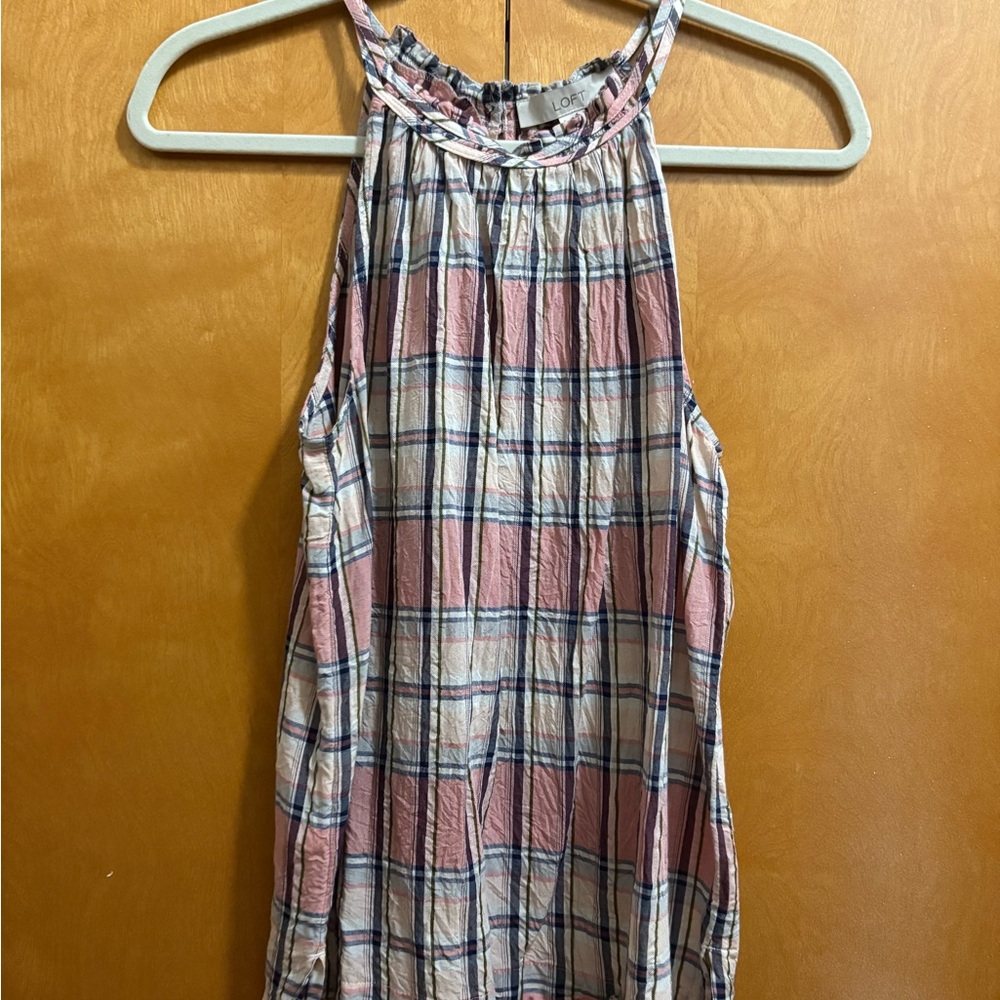 LOFT Pink and Gray Ruffled Sleeveless Tank Top